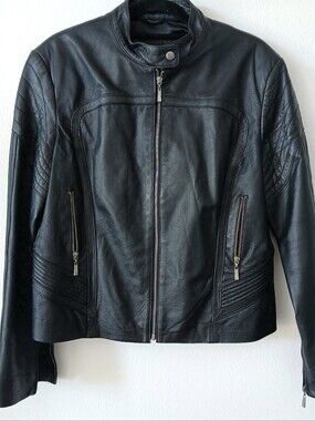 DONA MICHI Black LEATHER Moto JACKET Coat Zip RETRO Biker Women's Size XL / XXL